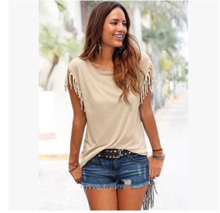 ladies cotton tassel T-shirt in beige, olive green, and black with fringe sleeves and casual style