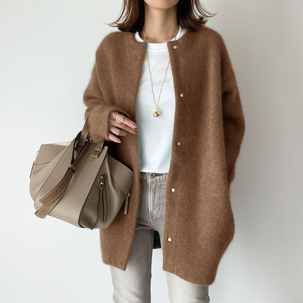 Loose Round Neck Single Breasted Cardigan Solid Color Jacket