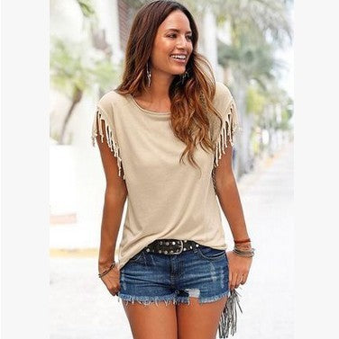 ladies cotton tassel T-shirt in beige, olive green, and black with fringe sleeves and casual style