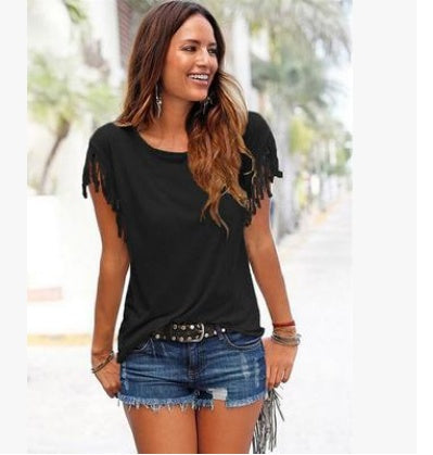 ladies cotton tassel T-shirt in beige, olive green, and black with fringe sleeves and casual style