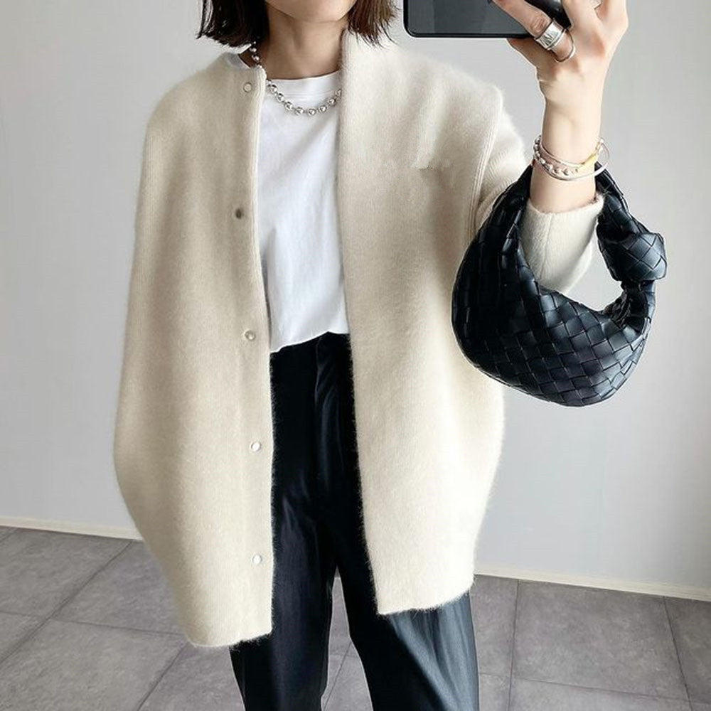 Loose Round Neck Single Breasted Cardigan Solid Color Jacket