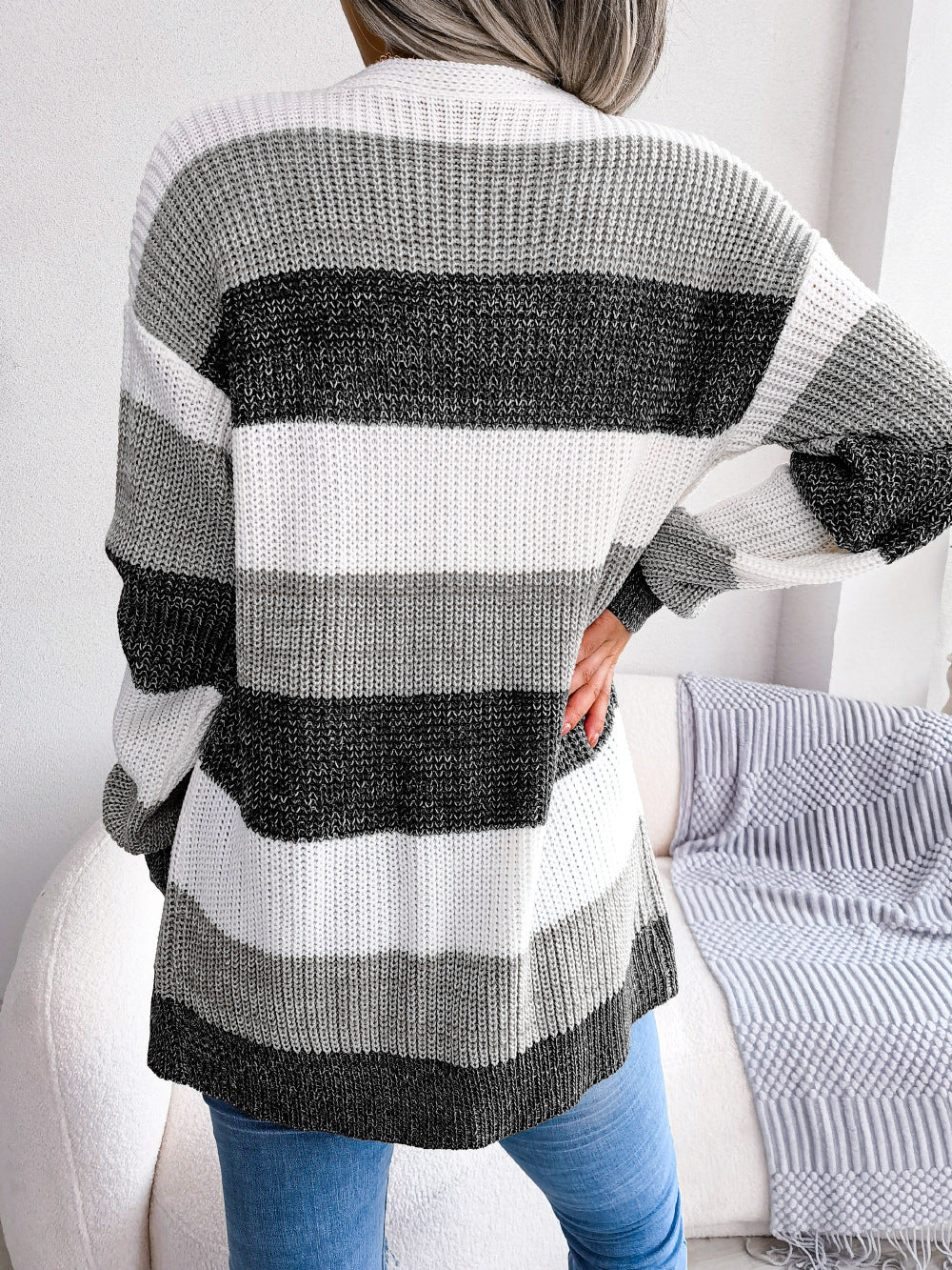 Plaid Sweater Women Casual Lantern Sleeves Cardigan Jacket