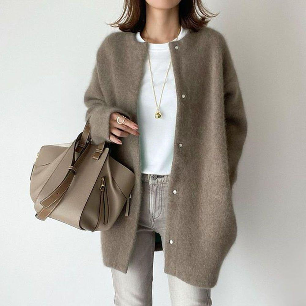 Loose Round Neck Single Breasted Cardigan Solid Color Jacket