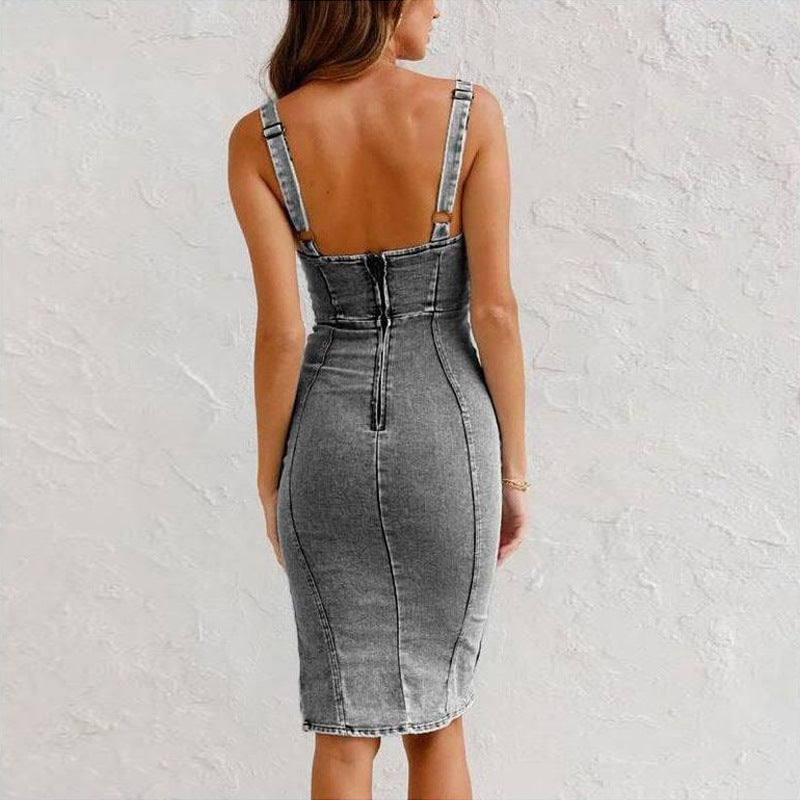 New U-neck Suspender Denim Summer Casual Tight Slim Dresses