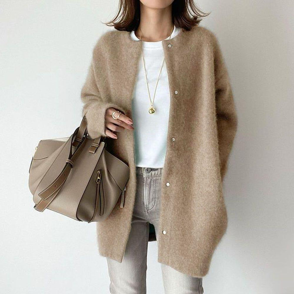 Loose Round Neck Single Breasted Cardigan Solid Color Jacket
