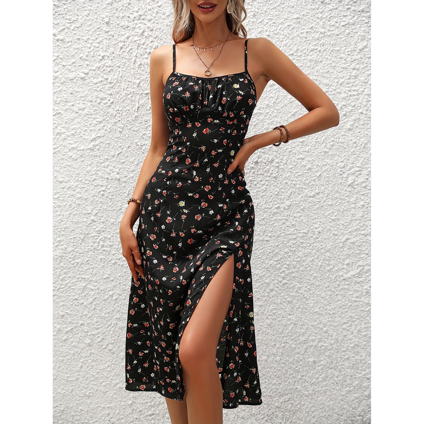 New Polka Dot Print Suspender Dress Summer Sexy Split Long
