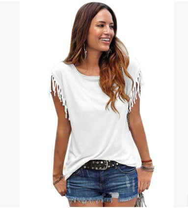 ladies cotton tassel T-shirt in beige, olive green, and black with fringe sleeves and casual style