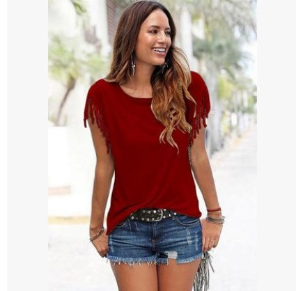 ladies cotton tassel T-shirt in beige, olive green, and black with fringe sleeves and casual style