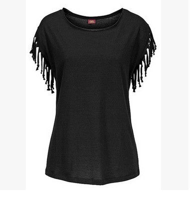 ladies cotton tassel T-shirt in beige, olive green, and black with fringe sleeves and casual style