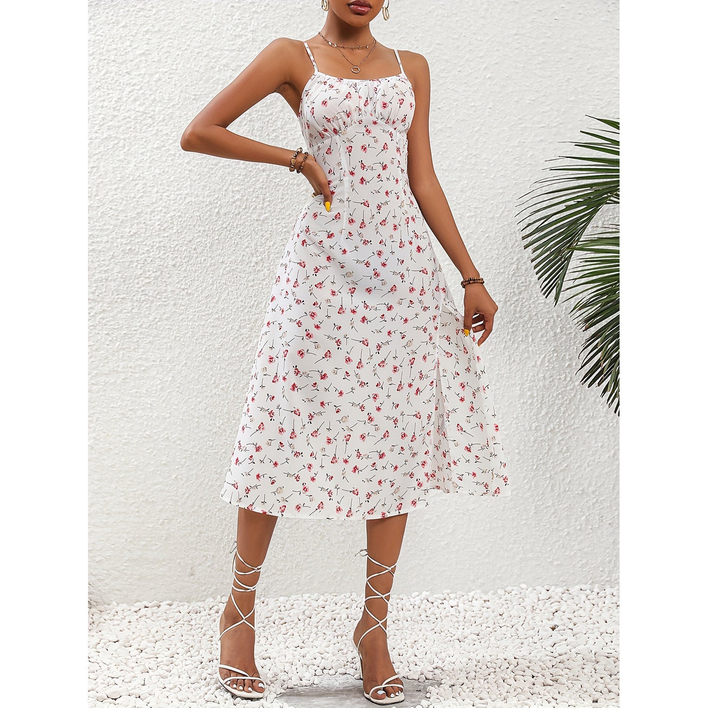 New Polka Dot Print Suspender Dress Summer Sexy Split Long
