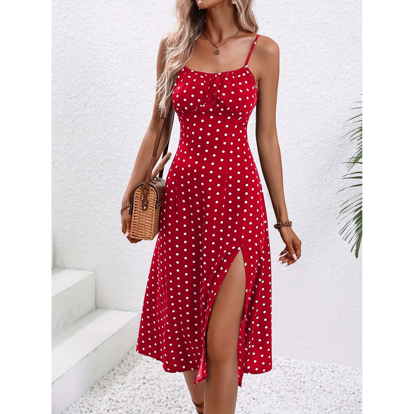 New Polka Dot Print Suspender Dress Summer Sexy Split Long