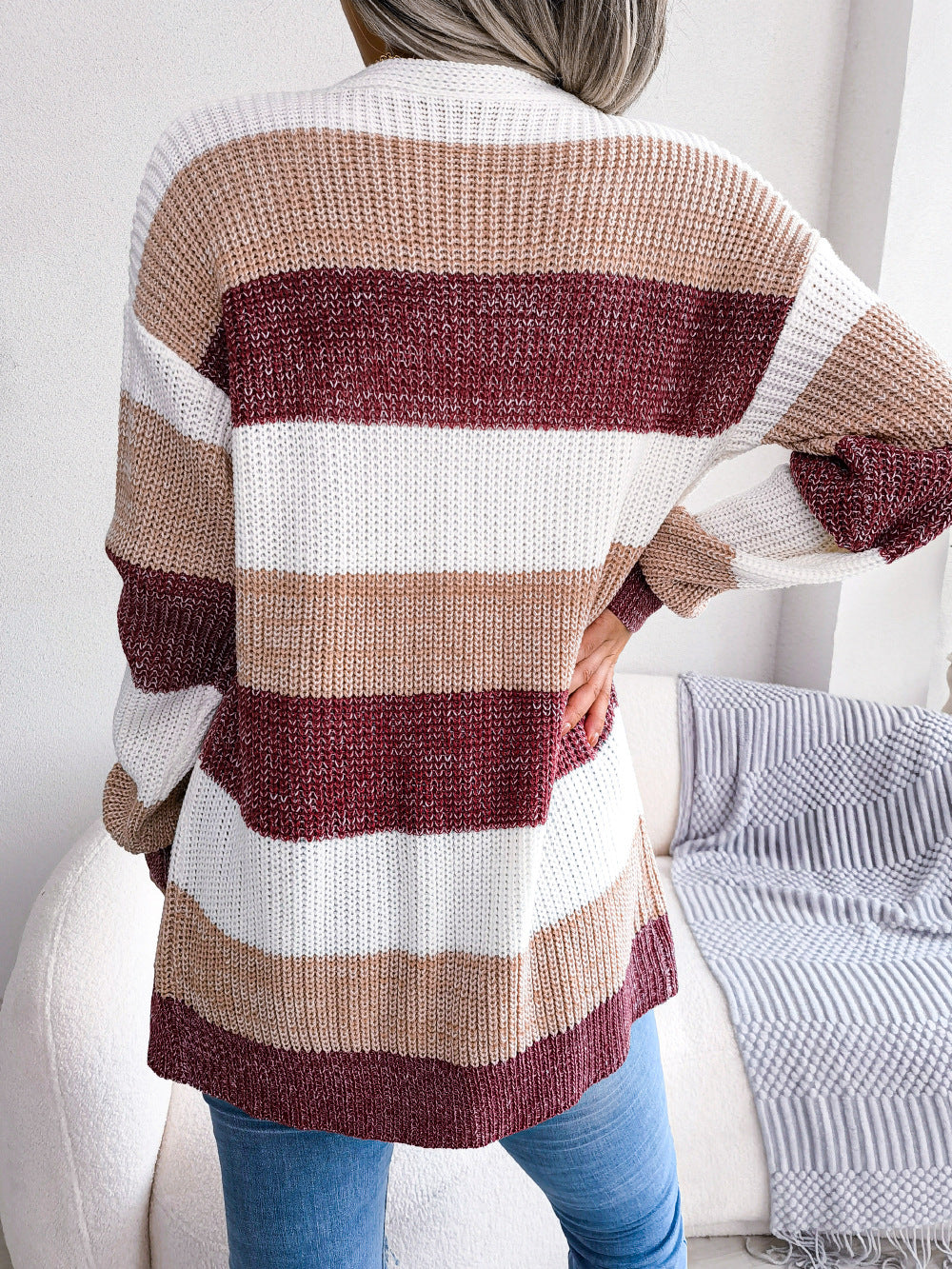 Plaid Sweater Women Casual Lantern Sleeves Cardigan Jacket