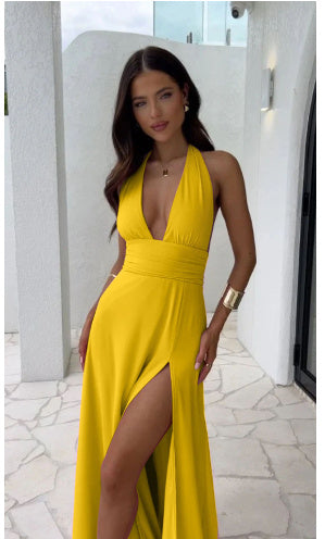 Sexy Halterneck V-neck Slit Backless Strappy Skirt Fashion