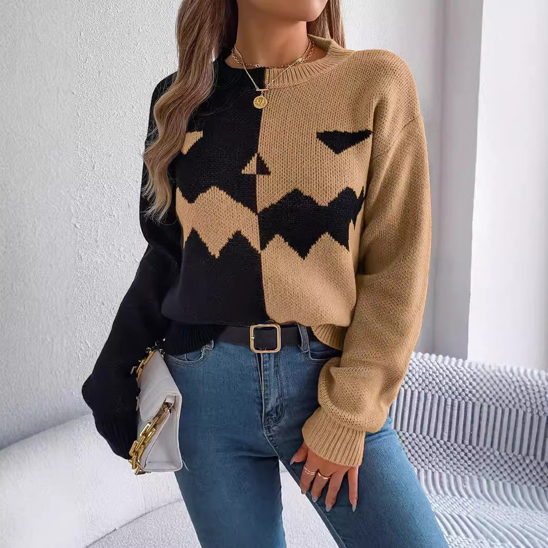 Halloween Contrast-color Sweater Long Sleeve Knitted Tops