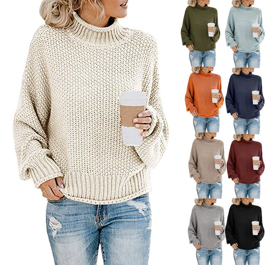 Solid Turtleneck Pullover Sweater Winter Knitted Long-Sleeved