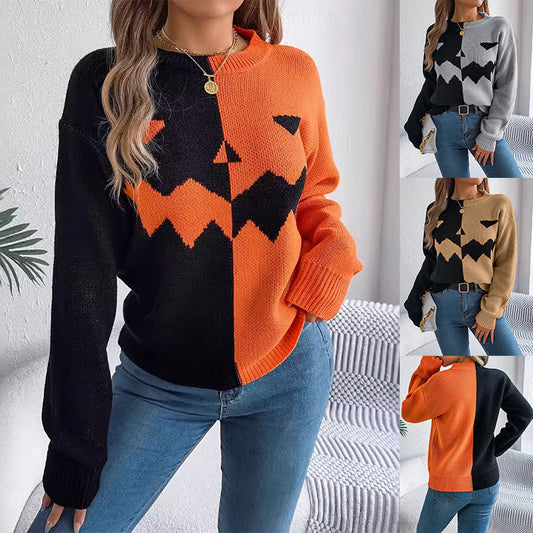 Halloween Contrast-color Sweater Long Sleeve Knitted Tops