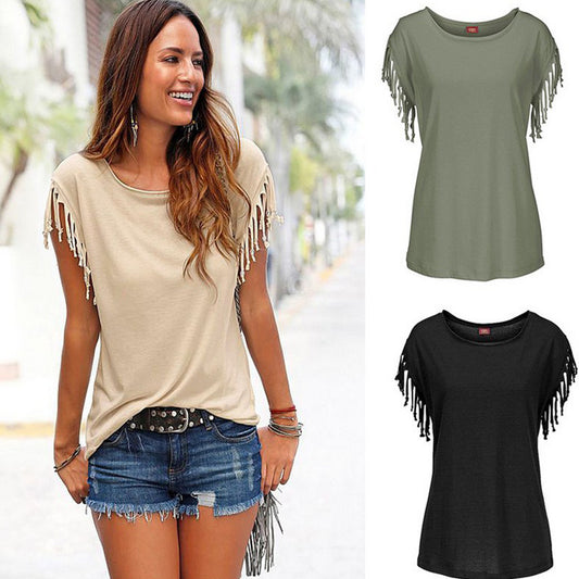 ladies cotton tassel T-shirt in beige, olive green, and black with fringe sleeves and casual style