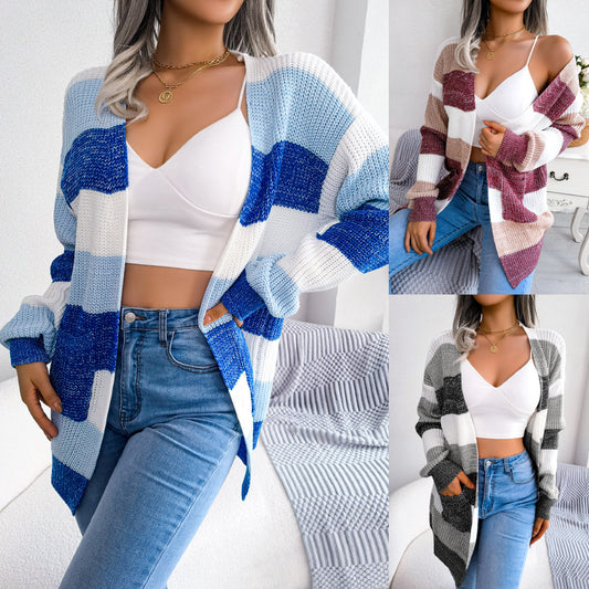 Plaid Sweater Women Casual Lantern Sleeves Cardigan Jacket 