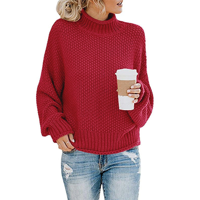 Solid Turtleneck Pullover Sweater Winter Knitted Long-Sleeved