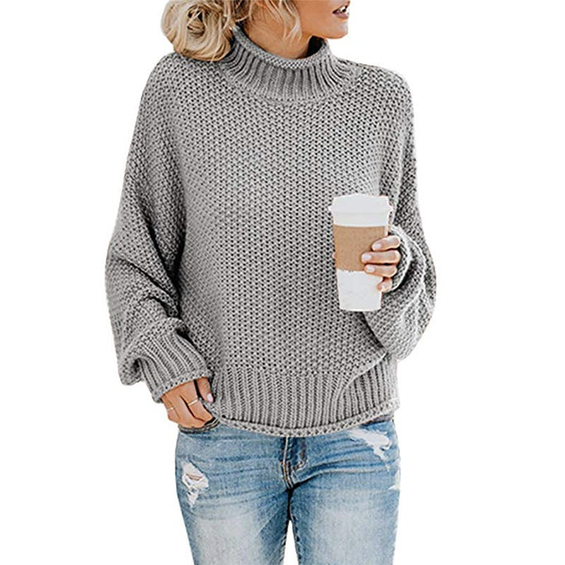 Solid Turtleneck Pullover Sweater Winter Knitted Long-Sleeved