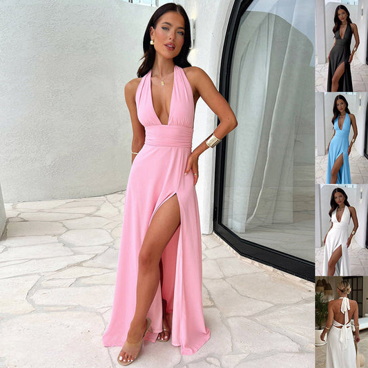 Sexy Halterneck V-neck Slit Backless Strappy Skirt Fashion