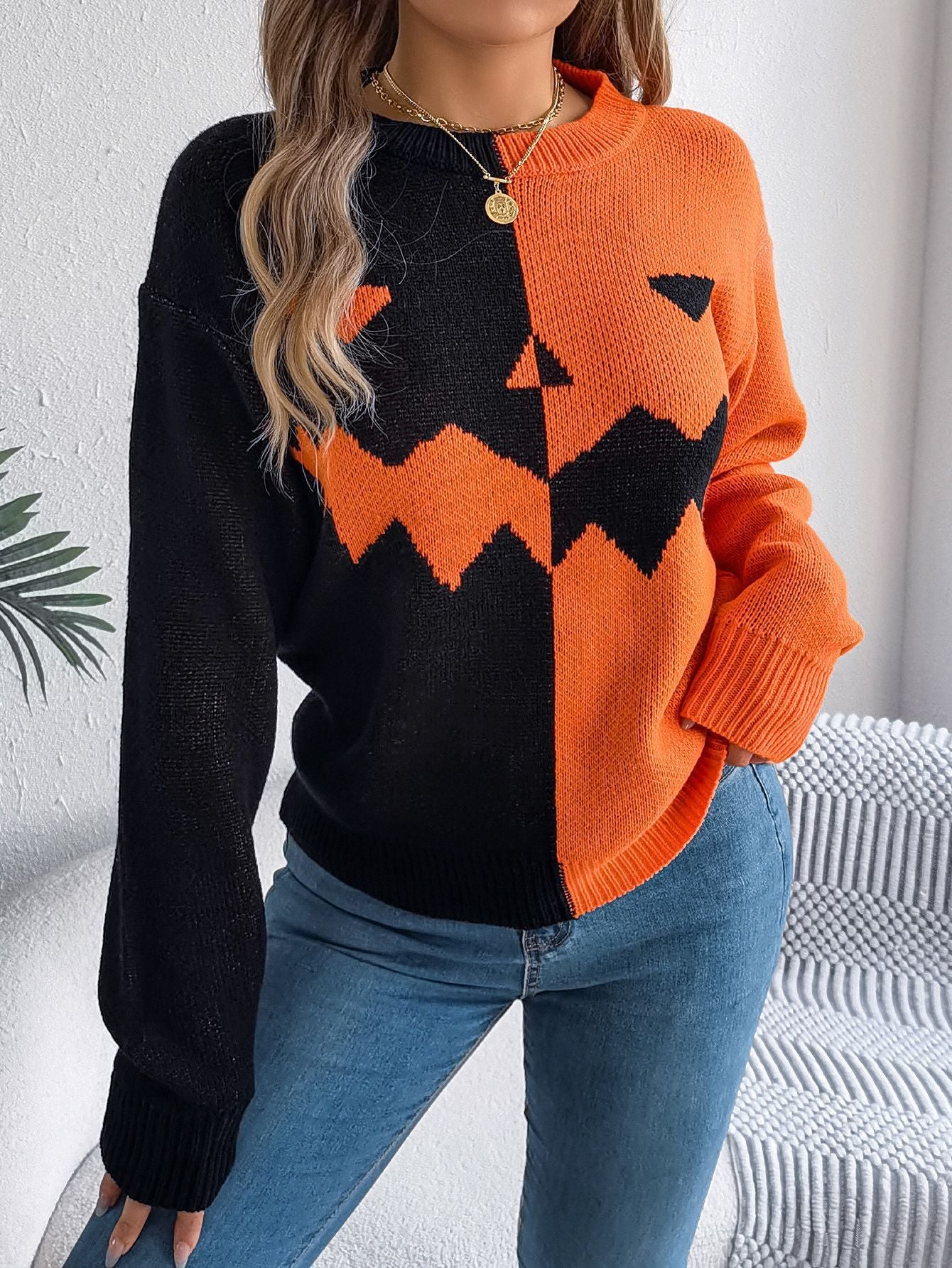 Halloween Contrast-color Sweater Long Sleeve Knitted Tops