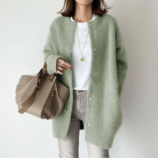 Loose Round Neck Single Breasted Cardigan Solid Color Jacket