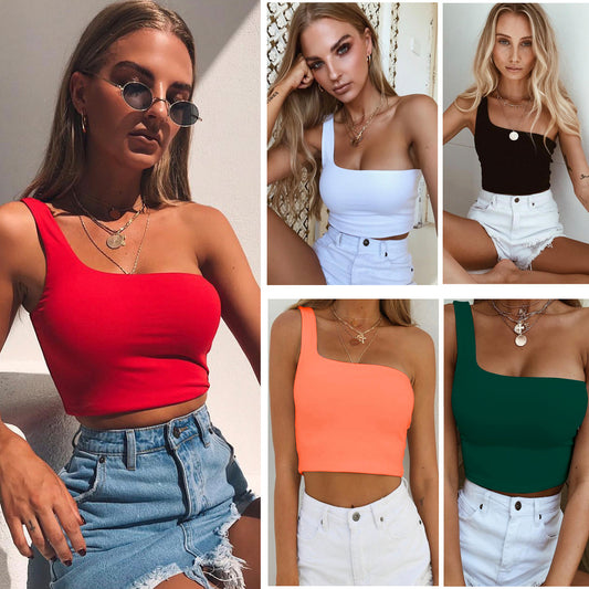 Summer Sexy One-shoulder Vest Crop Top Sleeveless T-Shirt Tank Tops 