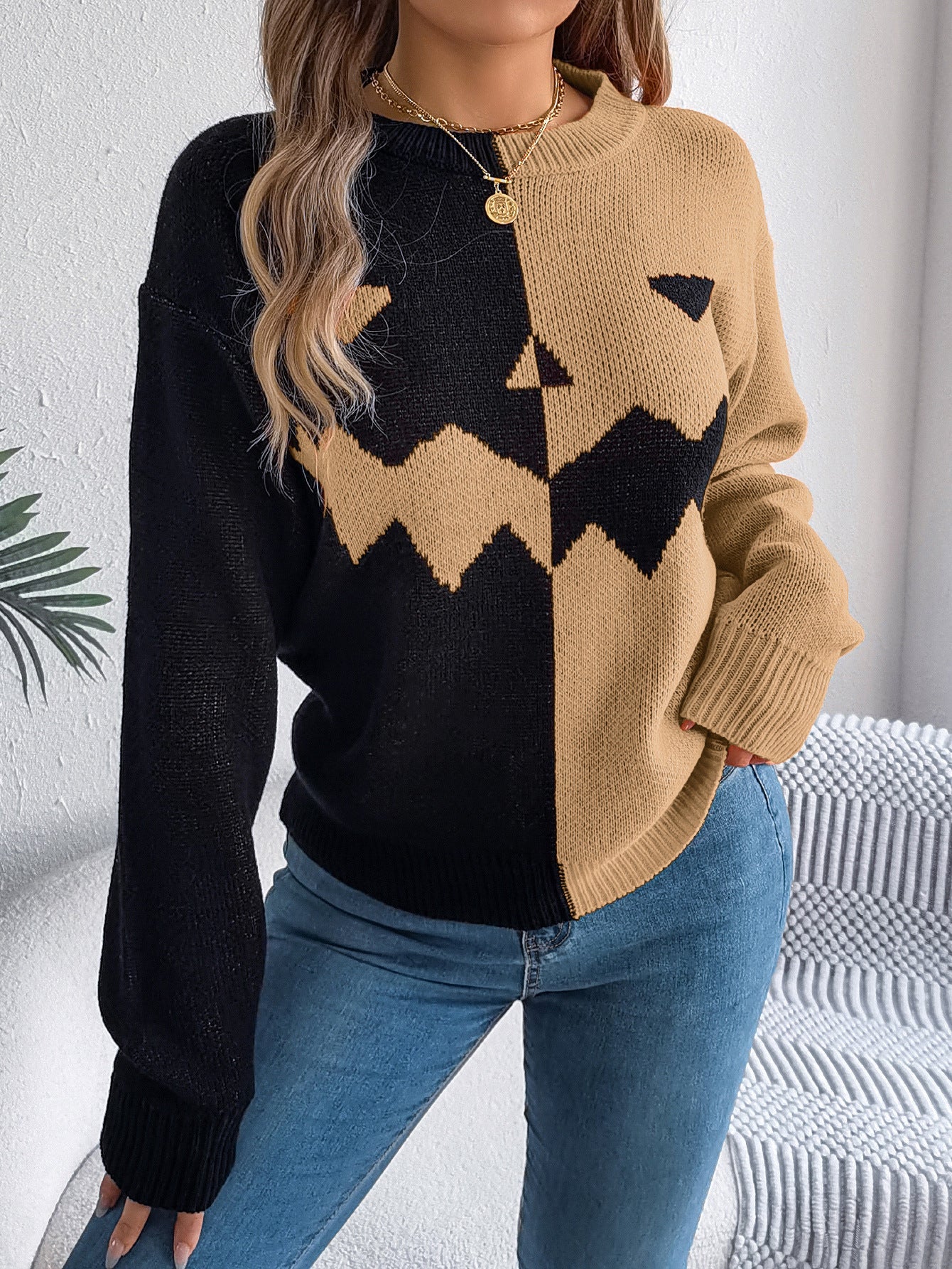 Halloween Contrast-color Sweater Long Sleeve Knitted Tops
