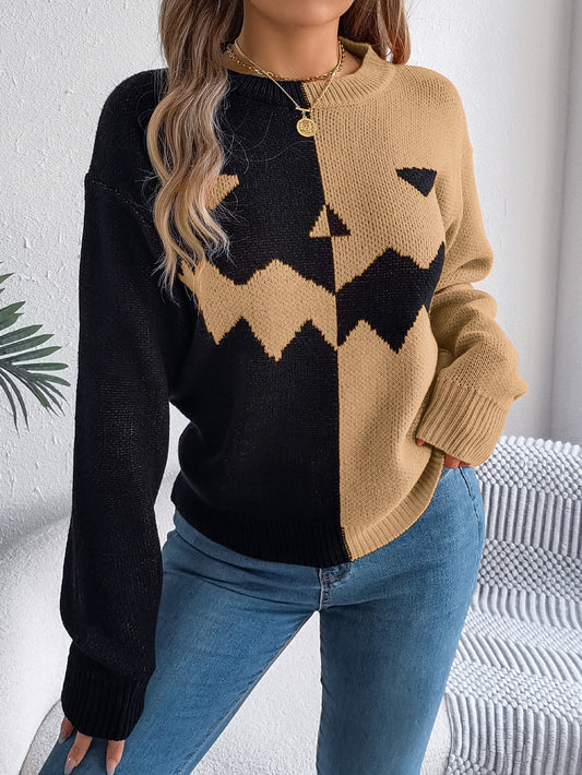 Halloween Contrast-color Sweater Long Sleeve Knitted Tops