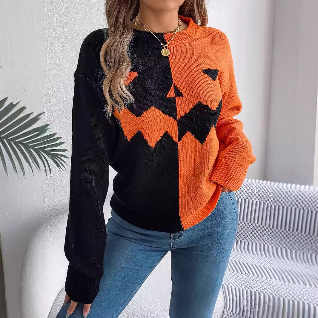 Halloween Contrast-color Sweater Long Sleeve Knitted Tops